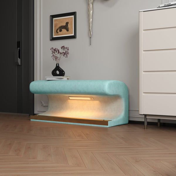 English Elm Entryway Leather Upholstered Bench Ottoman with Motion LED Light, Metal Legs, Modern Minimalist Design Antique blue green W1170P262462