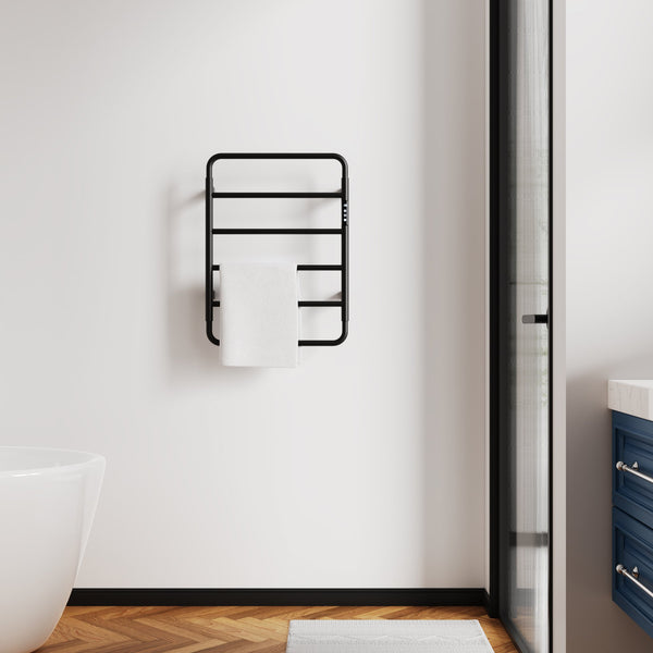 English Elm 18.7" Heated Towel Rack with Touchscreen Timer, 6-Bar Stainless Steel 150W Rapid Warm Carbon Fiber Black T3177P305026