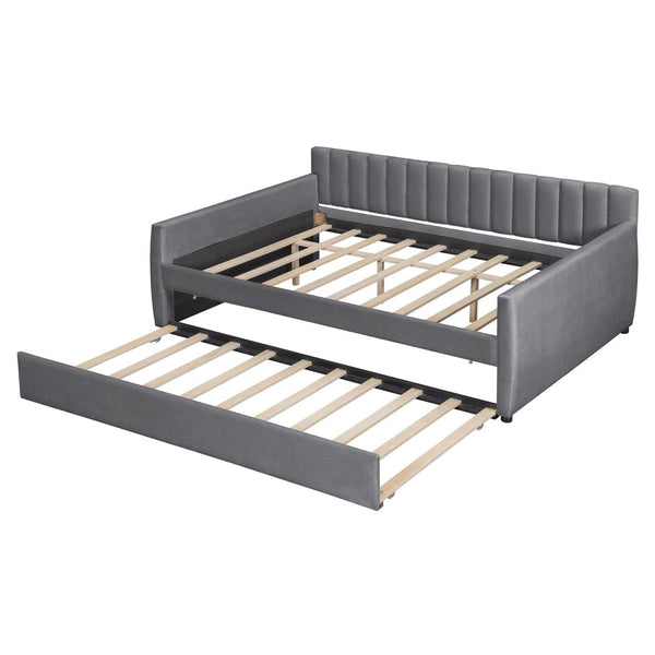 English Elm Full Size Velvet Upholstered Daybed with Pull Out Trundle and Wood Slat Support Gray LP100121AAE