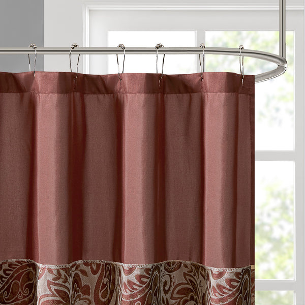 JLA Home Madison Park - Jacquard textured paisley shower curtain with contrasting top stripe, durable polyester, machine washable Burgundy MP70-3034