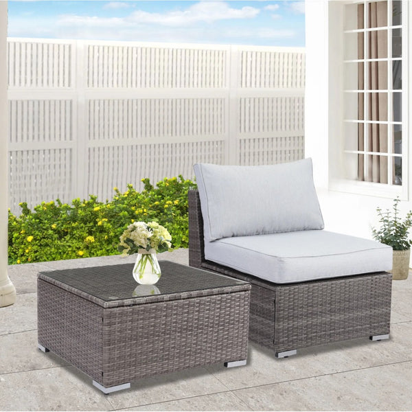 English Elm 2-piece Outdoor Pe Rattan Balcony Set with Armless Sofa and Tempered Glass Table B082P455124