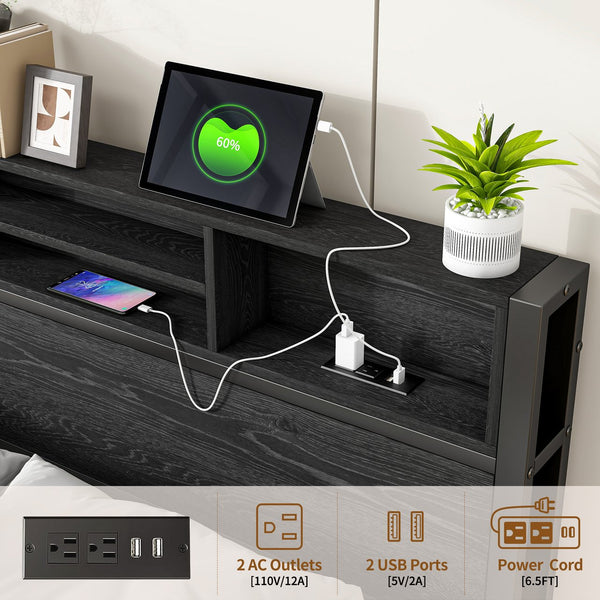 English Elm Full Size Bed Frame with Storage Headboard, Metal Platform with Charging Station, Silent, Sturdy, Black Storage Shelves and Under-Bed Space W840P241043