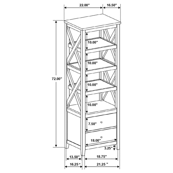 English Elm Delaney White 72" 4-Shelf Bookcase Media Tower with Ash Veneer Top, X-Side Accents & 2 Drawers — Cottage Coastal Farmhouse Charm B062P358338