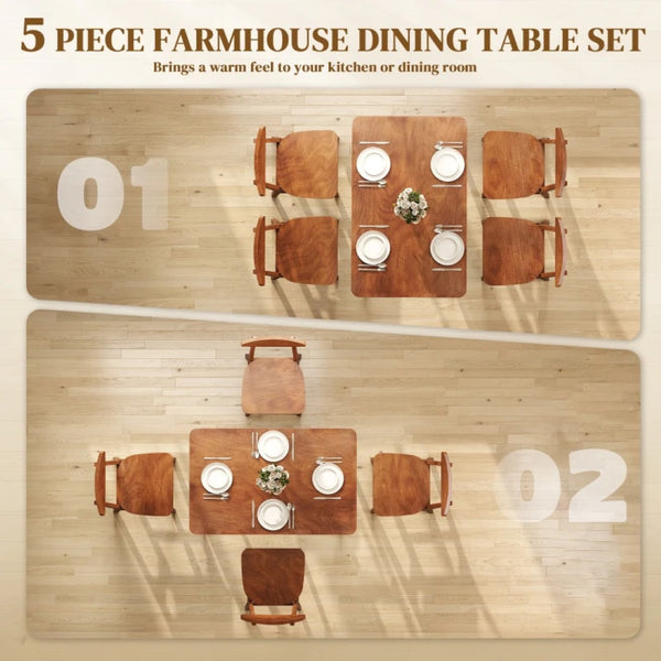 English Elm Rustic Walnut 5 Piece Dining Set with High Back Chairs for Farmhouse Kitchen T3971P468428