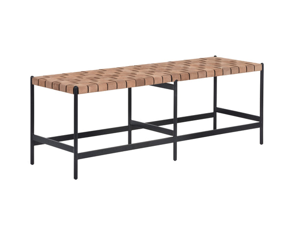 Sunpan Omari Bench - Elegant Handwoven Light Tan Leather Seat with Black Iron Base for Unique Style