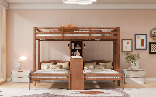 English Elm Twin Triple Bunk Bed with Built in Desk Open Shelving and Led Task Lighting Natural N7090002243N
