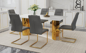 English Elm Table Set With Glass Top & Imitation Marble - 6 Comfortable Pu Chairs & Golden Stainless Legs W1151S04349-GIGA