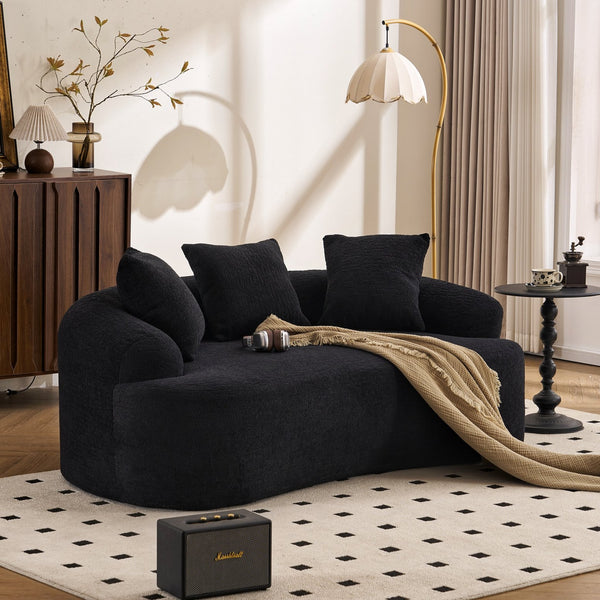 English Elm LY-025S Black Curved Loveseat — Chenille Velvet, 30D Foam & Spring Comfort, No Assembly, 65" Compact Sofa with 3 Pillows W2231P329643
