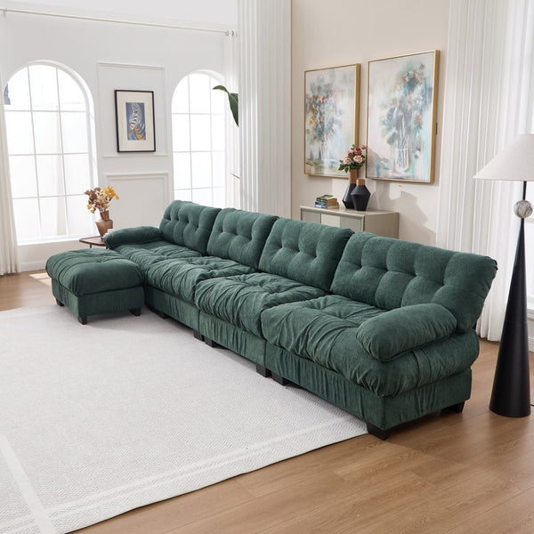 English Elm Modular Cloud Sofa Deep Seat Flannelette Sectional with Round Armrests for Living Room Green W2120S00047
