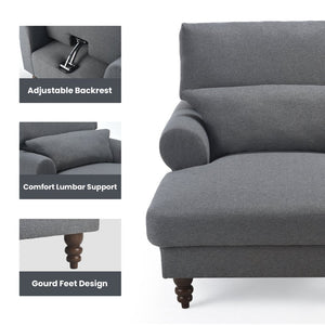 English Elm Upholstered Chaise Lounge Rolled Arms Reclining Back Foam Cushion Elegant Wood Feet Dark Grey T3623P411639