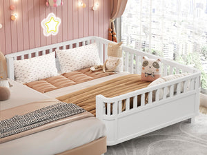 English Elm Twin Low Profile Pine Wood Kids Bed with Safety Rails and Fence Style Headboard W2593P367052
