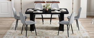 English Elm Table Set - Modern Black Wood Textured Dining Table With 6 Stylish Light Gray Linen-Cotton Chairs W1151S04317-GIGA