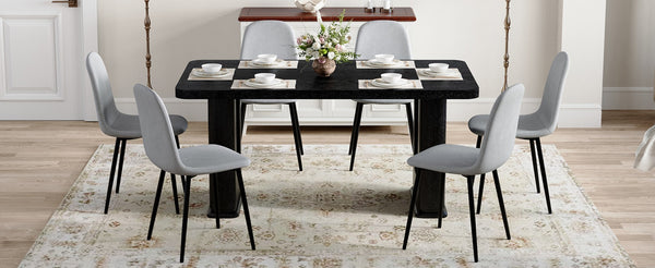 English Elm Table Set - Modern Black Wood Textured Dining Table With 6 Stylish Light Gray Linen-Cotton Chairs W1151S04317-GIGA