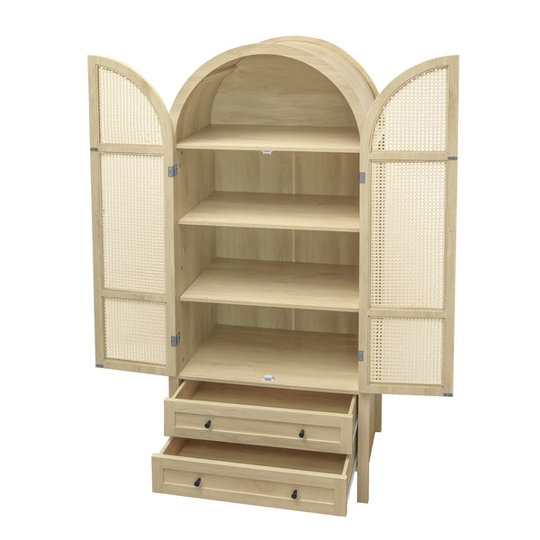 English Elm 70.28" Arched Kitchen Pantry Cabinet with Rattan Doors, 2 Drawers, Adjustable Shelves & Safety W688S00057