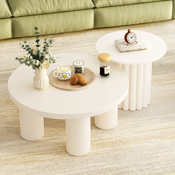 English Elm VIBE Modern Roman Column Coffee Table Set of 2 — Sculptural Round Tables, Stackable, Stable Design SJ000136AAK