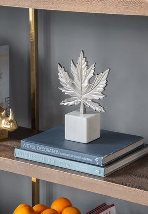 English Elm 7x3x10.5" Aluminum Leaf Sculpture on Marble Base — Elegant Silver Finish, Modern Home Accent, Gift Idea W2078P361046
