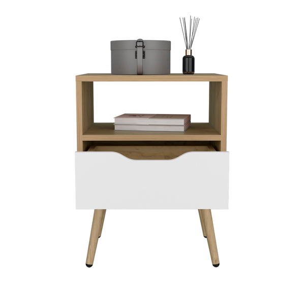 English Elm Kechi Nightstand with Drawer & Open Shelf White with Macadamia Accents – Durable Engineered Wood, Modern Storage Solution B092P286111