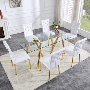 English Elm 71-inch Tempered Glass Dining Table Electroplated Metal Base Open Airy Modern Style Gold W3875S00006