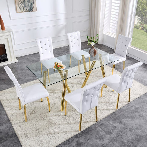 English Elm 71-inch Tempered Glass Dining Table Electroplated Metal Base Open Airy Modern Style Gold W3875S00006