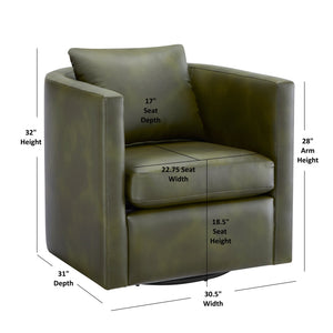 English Elm Sutton Fern Green Faux Leather Swivel Barrel Chair with Stain‑Resistant Fabric, Pocket Coil Seat, 360° Swivel Comfort B050P322589