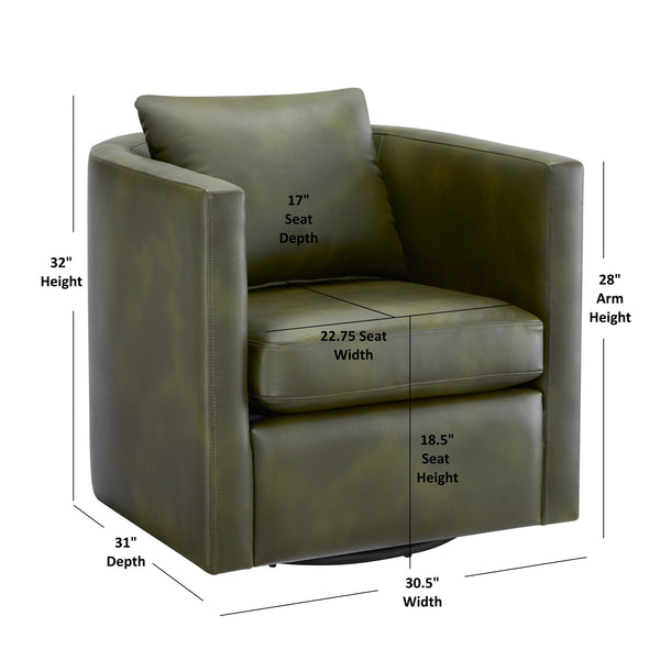 English Elm Sutton Fern Green Faux Leather Swivel Barrel Chair with Stain‑Resistant Fabric, Pocket Coil Seat, 360° Swivel Comfort B050P322589
