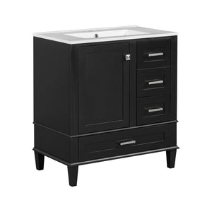 English Elm 30" Modern Bathroom Vanity with Solid Wood Frame, 3 Soft-Close Drawers and Ceramic Sink, Sleek Design Black N729P170557B