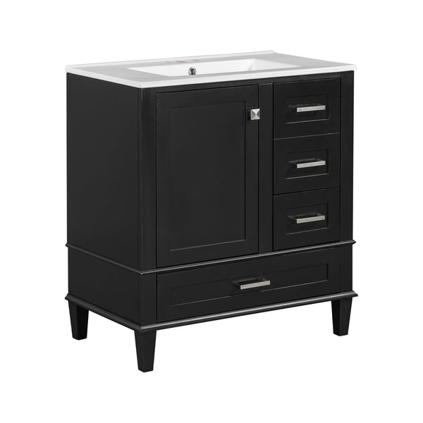 English Elm 30" Modern Bathroom Vanity with Solid Wood Frame, 3 Soft-Close Drawers and Ceramic Sink, Sleek Design Black N729P170557B