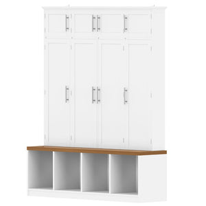 English Elm Wood Entryway Hall Tree with Bench Seating Coat Hooks Shoe Cubbies Cabinet White W5271S00004