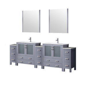 English Elm Dark Grey Double Bath Vanity 96" W with Side Cabinets, White Ceramic Top, Mirrors & Chrome Faucet Set B2731S01224