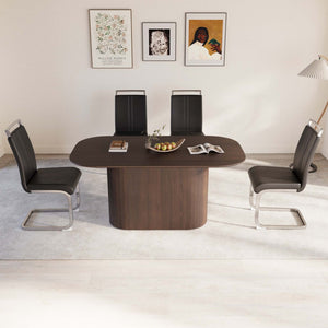 English Elm 63 Inch Mdf Dining Table Set with Four Pu Leather Chairs Silver Metal Legs Modern Brown+Black W2189S00885