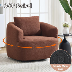 English Elm 360° Swivel Barrel Chair Teddy Fleece Upholstery with Pillow for Bedroom Reading Nook Brown W1803P362981