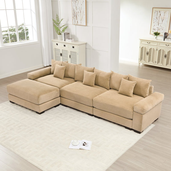 English Elm 130" Oversized Modular L-Shaped Sectional Couch In Cozy Camel Corduroy With Ottoman & 9 Pillows W714S01308