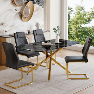 English Elm Table and Chair Set Marble Tempered Glass Top Gold Sculptural Legs Four Pu Seats Black+Gold W1151S03292