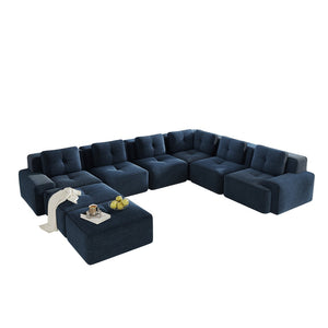 English Elm Modular Corduroy Sectional Sofa 6 Seat V Shaped Corner Couch with Ottomans Living Room Blue W714S01581