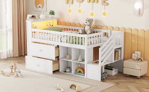 English Elm Twin Loft Bed with Built-In Stairs, Shelves, Hanging Rod & 2 Drawers for Space-Saving Kids Room White 45.87 L x 18.5 W x 10.83 H W2593S00004