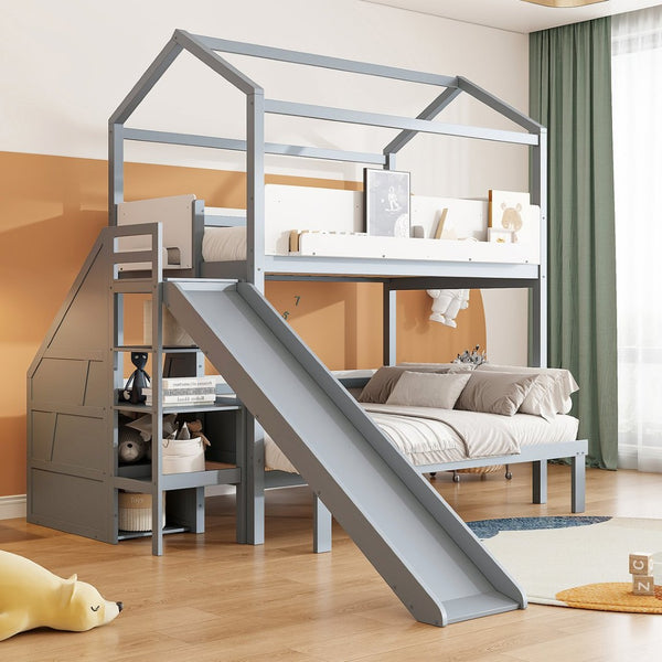English Elm House-shaped Pine Bunk Bed with Built-in Slide Storage Staircase Twin Over Full Kids Frame Grey+White N820S00082E