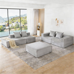 English Elm L-shaped Modular Sectional with Ottoman Corduroy Upholstery Four Seat Living Room Sofa Gray W2699S00082