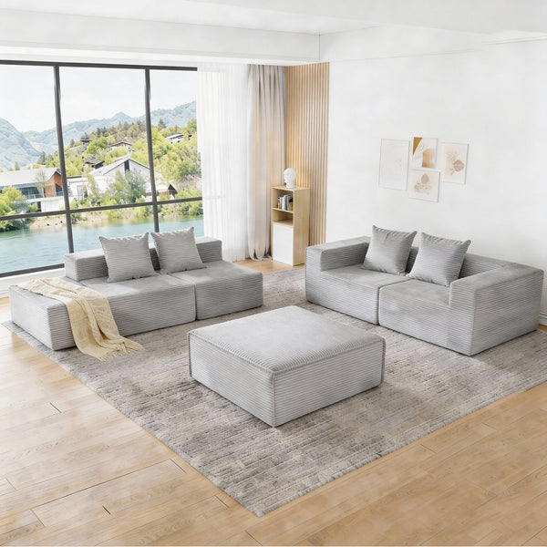 English Elm L-shaped Modular Sectional with Ottoman Corduroy Upholstery Four Seat Living Room Sofa Gray W2699S00082