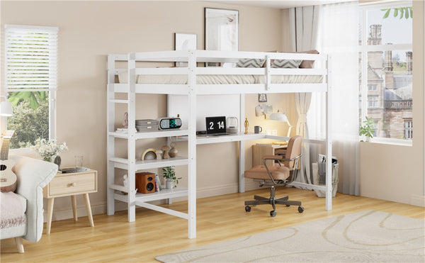 English Elm Twin Loft Bed with Built-in Desk Shelving and Dry-erase Board for Kids Rooms White LT100320AAK