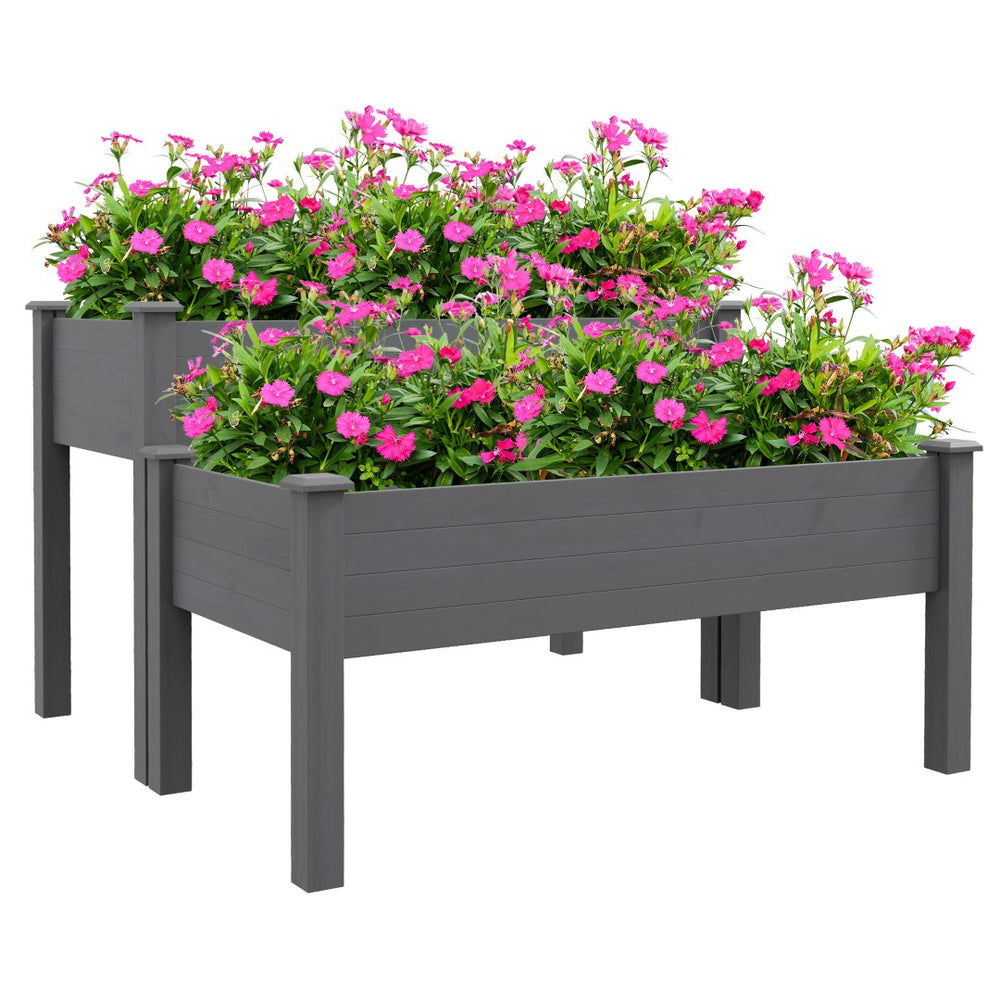 English Elm Outsunny Two Tier Elevated Fir Wood Planter Raised Garden Bed for Herbs and Vegetables W2225P174444