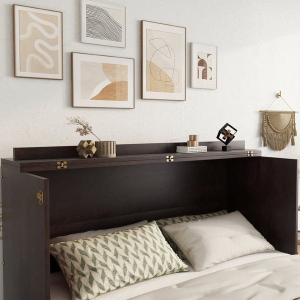 English Elm Queen Size Murphy Bed – Elegant Pine Wood Cabinet With Power Station & Rattan Accents, Espresso Finish W504S00235-GIGA