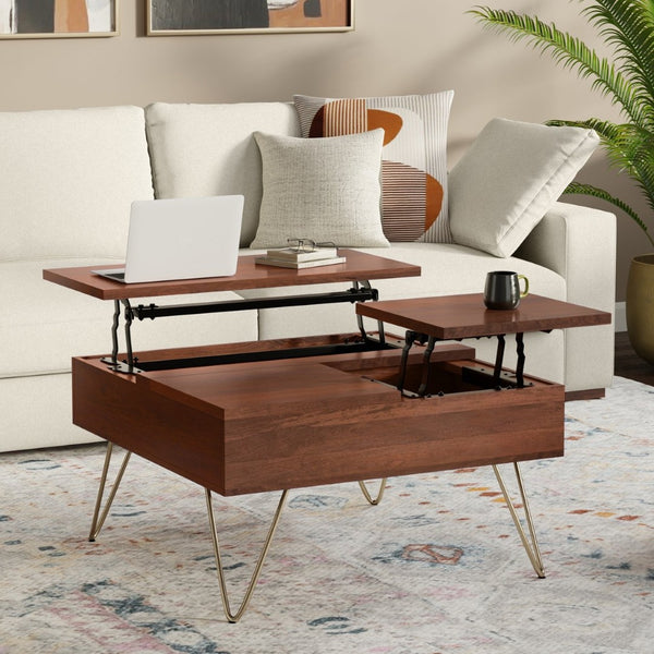 English Elm Hunter Solid Mango Wood Lift Top Coffee Table with Gold Hairpin Legs for Living B136P429104
