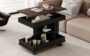 English Elm U-Can Modern Adjustable End Table with 360° Rotating Lift-Top, Lockable Wheels and Storage Space Black+Brown N724P292505B