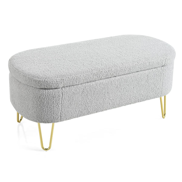English Elm Christopher Knight Home® - Oval Grey Upholstered Storage Bench with Gold Metal Legs — Flip-Top Ottoman, Durable, Spacious Seat(storage) N769P195486G