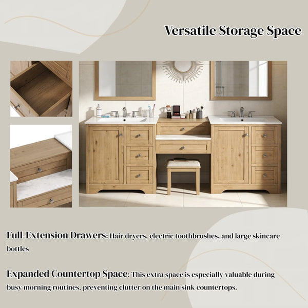 English Elm 84" Double Sink Vanity with Stone Countertop Six Soft Close Drawers and Silver Knobs Wood N817P404196B