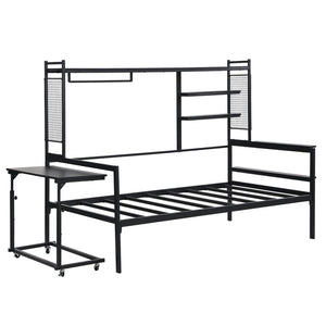 English Elm Twin Metal Daybed With Movable Desk, Shelves, Clothes Hanger & Industrial Design For Small Spaces N737P199195B-GIGA