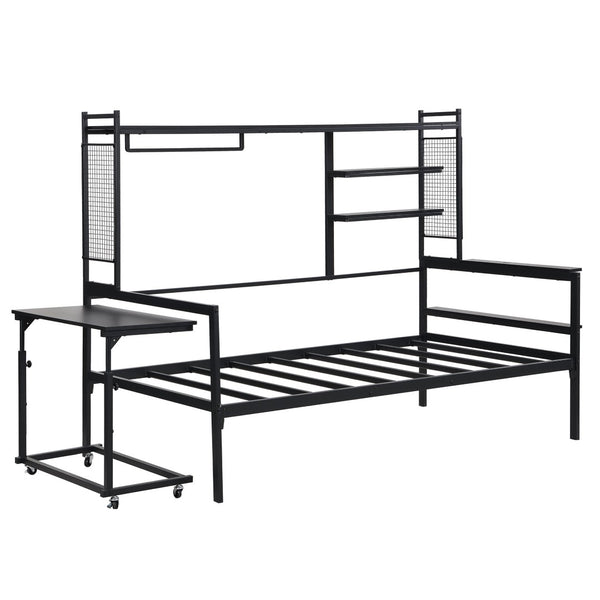 English Elm Twin Metal Daybed With Movable Desk, Shelves, Clothes Hanger & Industrial Design For Small Spaces N737P199195B-GIGA