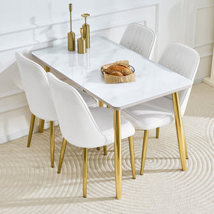 English Elm Table and Chair Set Marble Glass Top Gold Legs Pu Leather Seats Modern Dining White+Gold W1151S04635