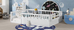English Elm Full Montessori floor bed offering high rails, built-in light and shelf for safe independent sleep and storage White 79.13 L x 13 W x 6.3 H W2593P333586