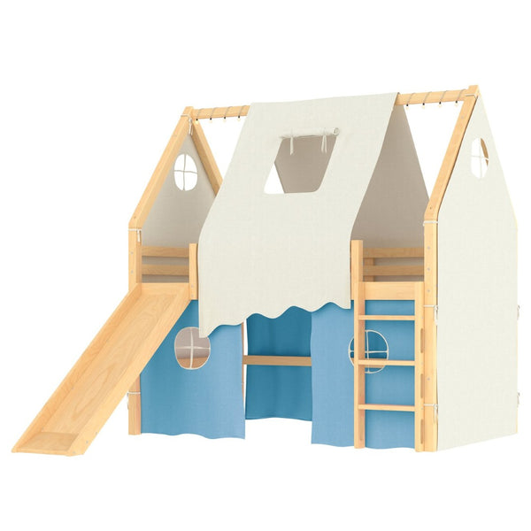 English Elm Full Size Pine Loft Bed with Slide Tent Panels Led Lights and Play Space Below W1580S00292